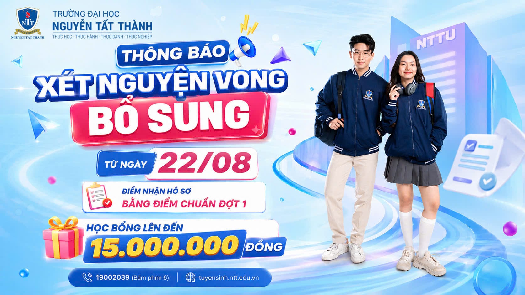 NTTU THÔNG BÁO  XÉT TUYỂN NGUYỆN VỌNG BỔ SUNG 2026 TỪ NGÀY 22/08!